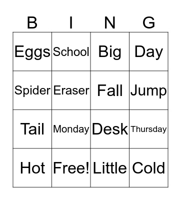 Vocabulary Bingo Card