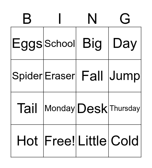 Vocabulary Bingo Card