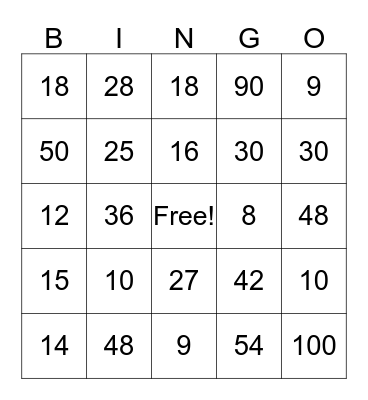 Multiplication MATH Bingo Card