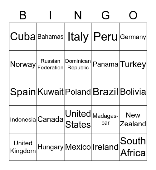 United Nations Bingo Card