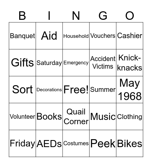 Humboldt Hospital Auxiliary Bingo Card