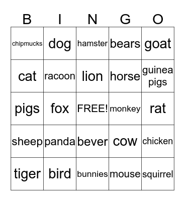 animals Bingo Card