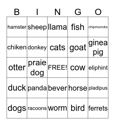 Animals Bingo Card