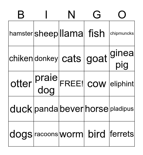 Animals Bingo Card
