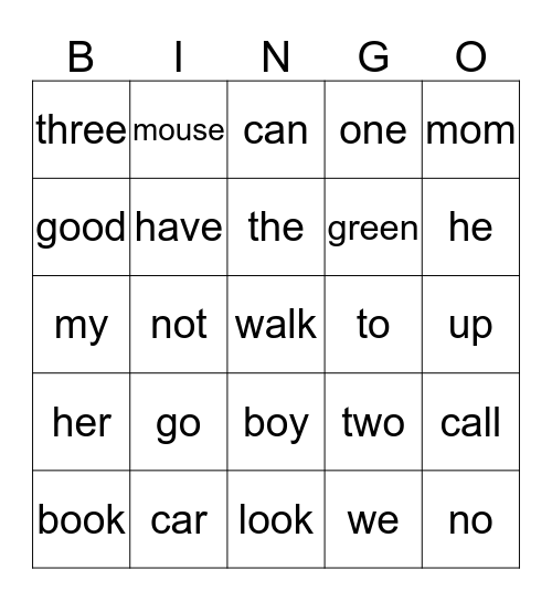 Sight Words Bingo Card