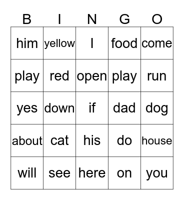 Sight Words Bingo Card