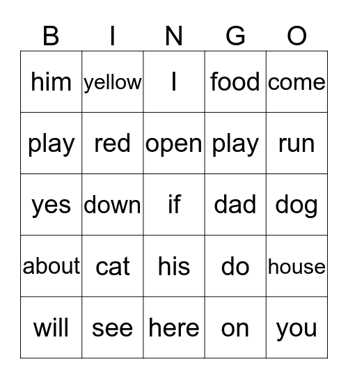 Sight Words Bingo Card