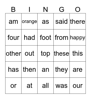 Sight Words Bingo Card