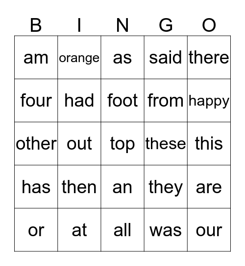 Sight Words Bingo Card