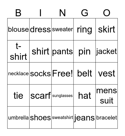 clothes  Bingo Card