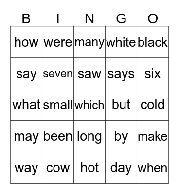 Sight Words Bingo Card