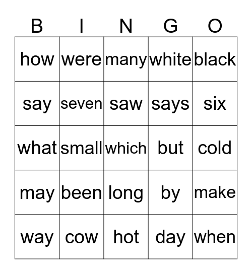 Sight Words Bingo Card