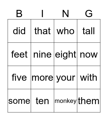 Sight Words Bingo Card