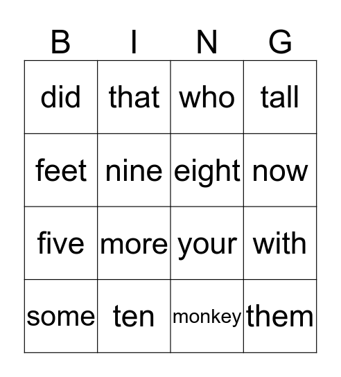 Sight Words Bingo Card