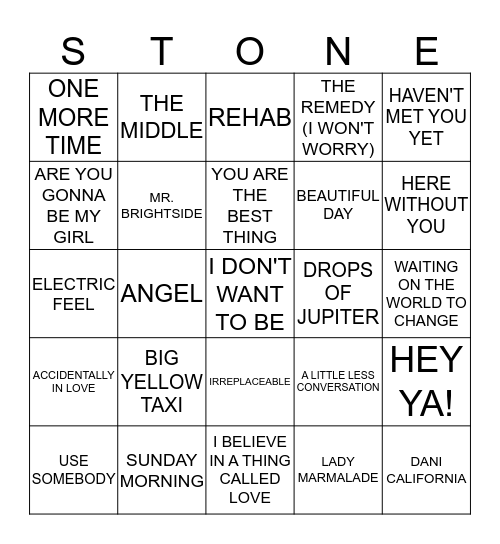 00'S Bingo Card