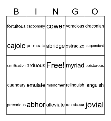 Vocabulary Bingo Card