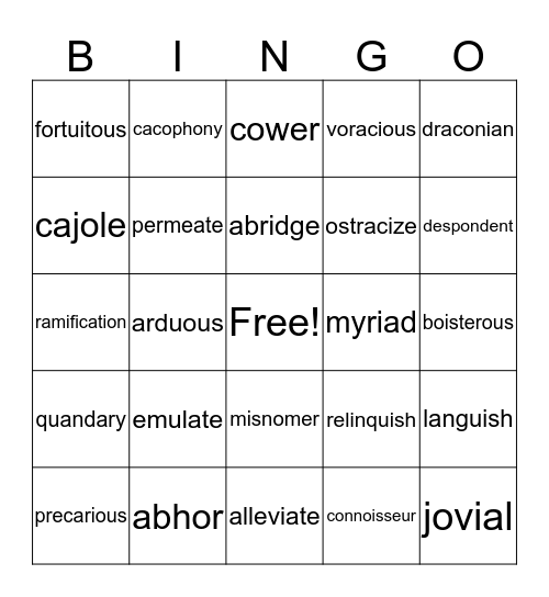 Vocabulary Bingo Card