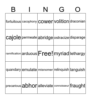 Vocabulary Bingo Card