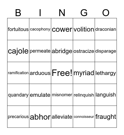 Vocabulary Bingo Card