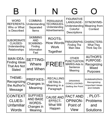 READING Bingo Card