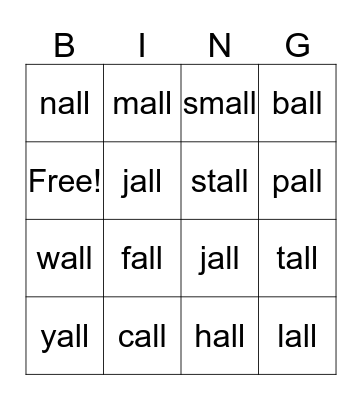 -ALL words Bingo Card