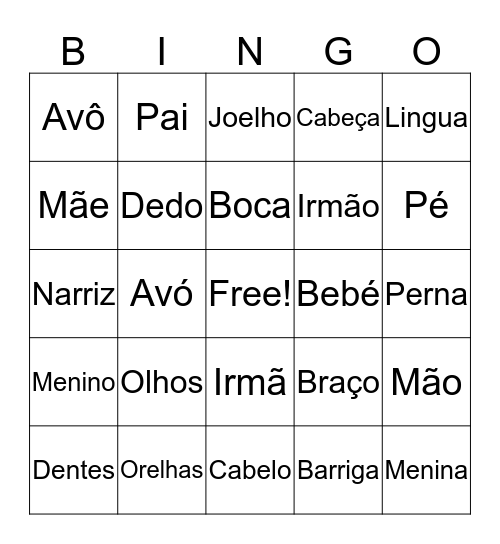Corpo e Família Bingo Card