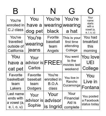 UEI College BINGO Card