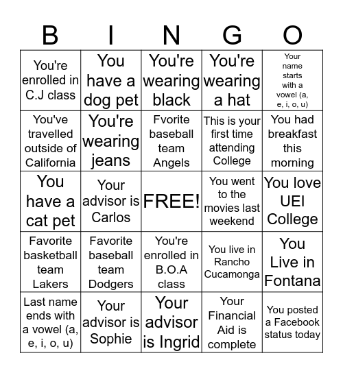 UEI College BINGO Card