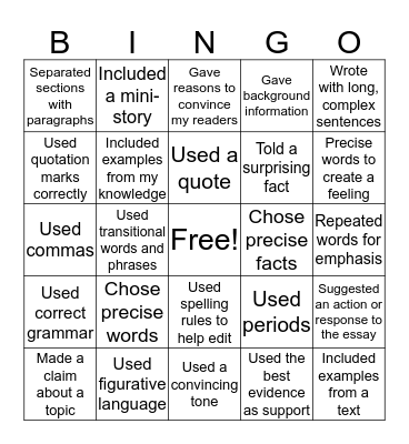 Essay Craft Moves Bingo Card
