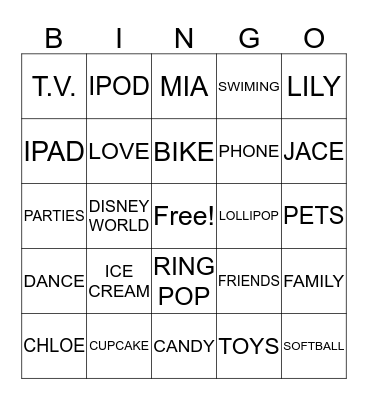 Lucy's Favorite Things Bingo Card