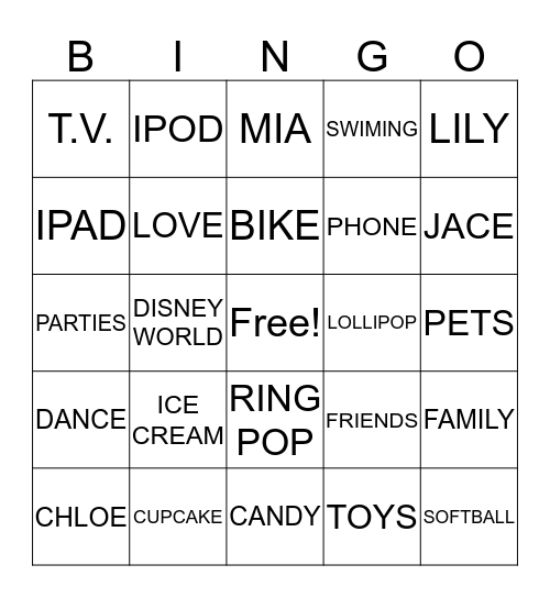 Lucy's Favorite Things Bingo Card