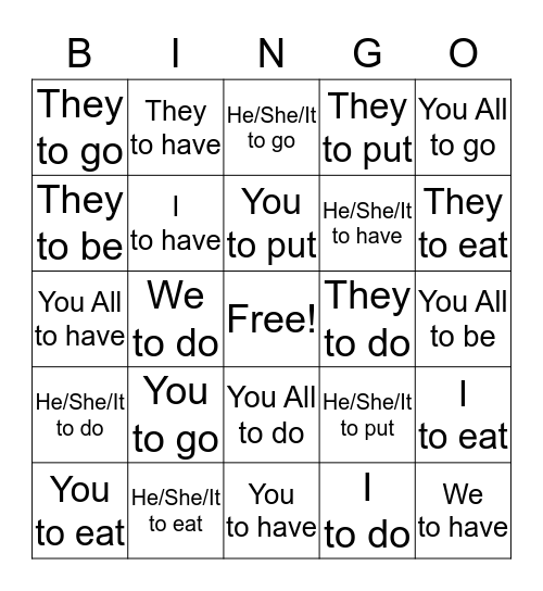 Irregular Verbs Present Tense Bingo Card