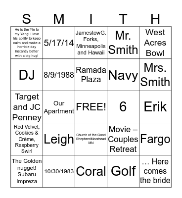 Wedding Trivia Bingo Card