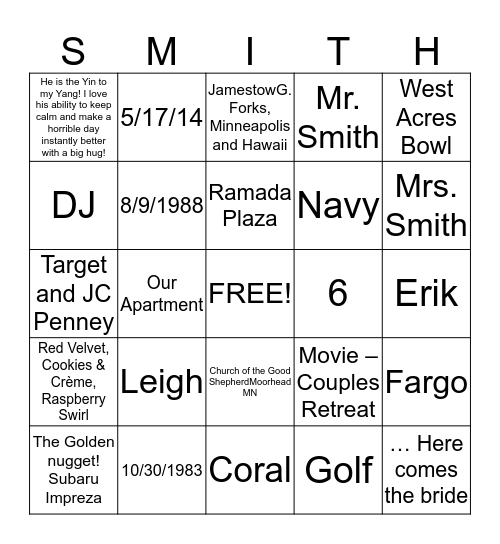 Wedding Trivia Bingo Card