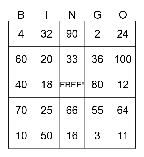 Time Table Bingo Card