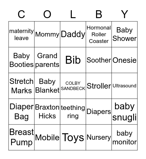 Colby's Baby Bingo Card