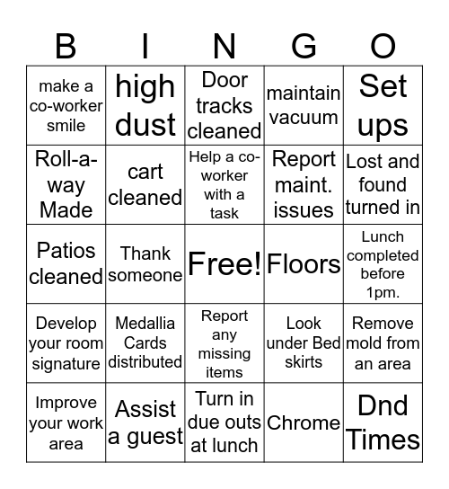 Housekeeping Bingo Card