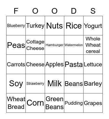 Healthy Eating Bingo Card