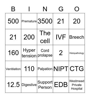 Midwife Bingo Card