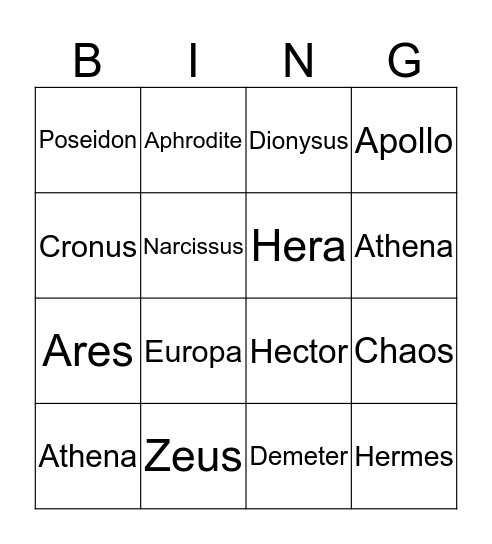 Mythology Bingo Card