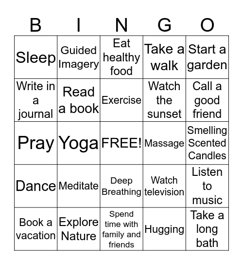 Stress Management Bingo Card