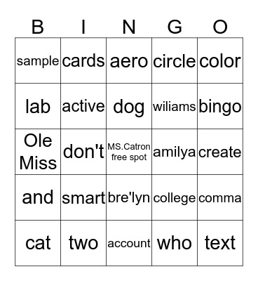 MS.Catron Lang.arts bingo Card