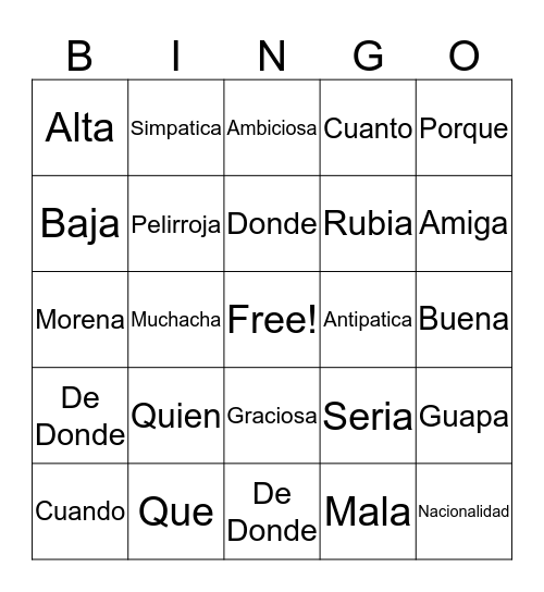 Adjective Bingo Card