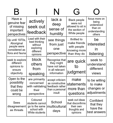 Open VS Closed Mindset Bingo Card