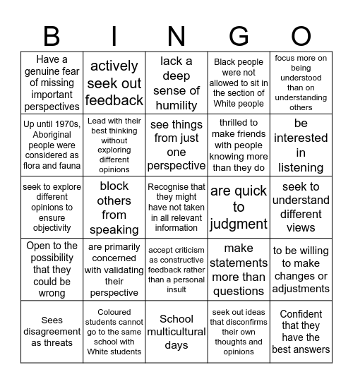 Open VS Closed Mindset Bingo Card