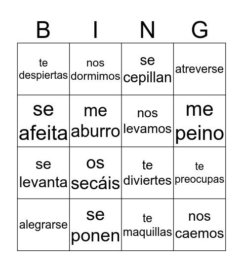 Bingo Reflexivo Bingo Card