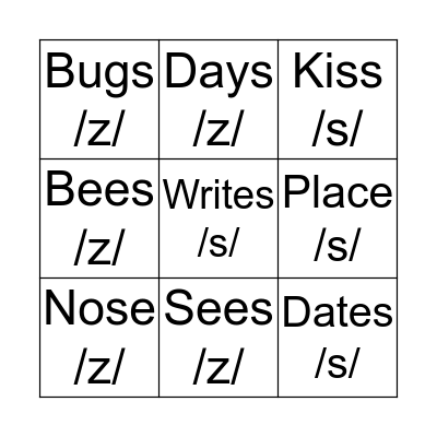 S and Z Bingo! Bingo Card