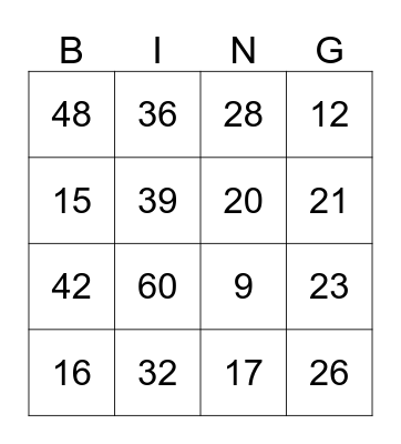 Multiplication Bingo Card