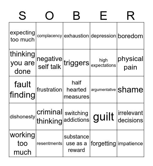 Relapse Prevention Bingo Card