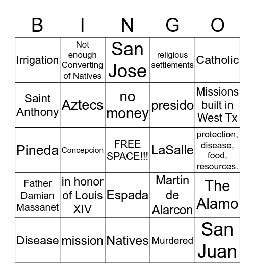 Spanish Missions Bingo Card